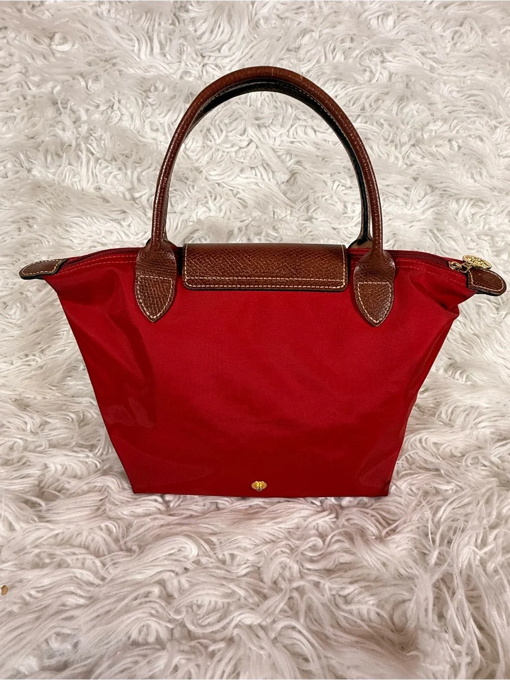Original Longchamp Red Nylon Tote with Brown Leather Trim small